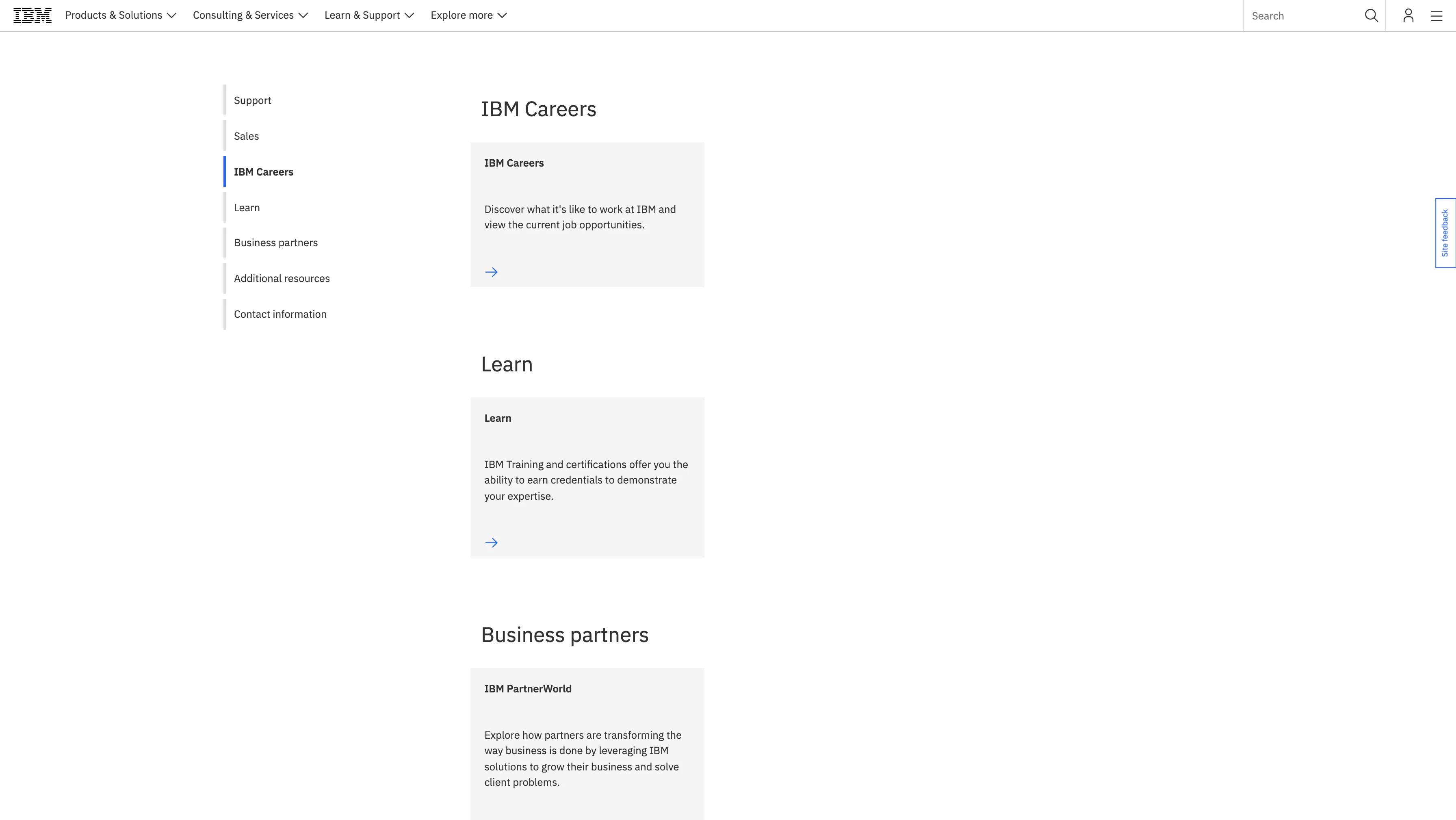 IBM Contact Us IBM Careers and Learn sections