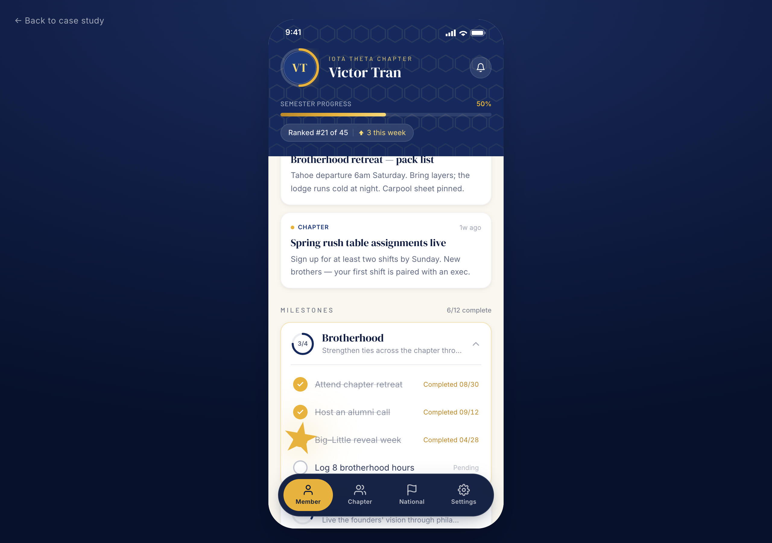 Pi Kapp App prototype: a task being checked off with the gold star particle bursting from the gold checkbox