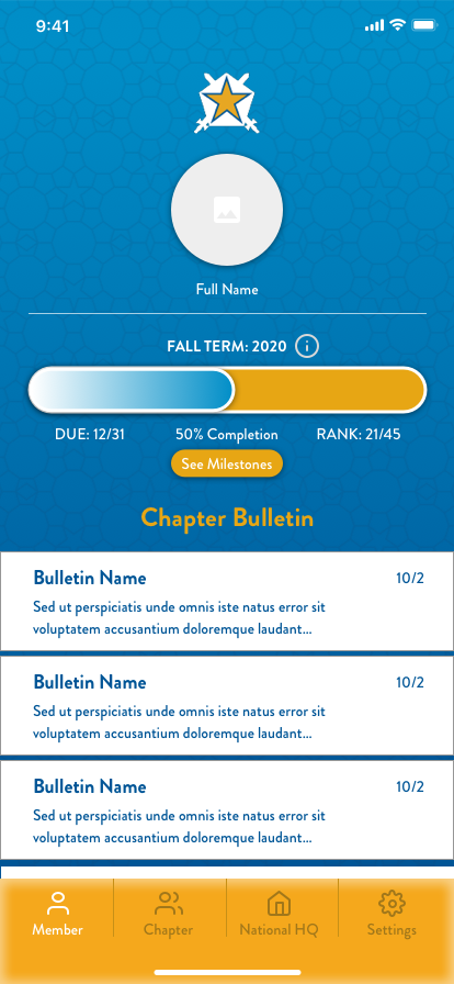 Pi Kapp App member dashboard with progress bar and bulletin