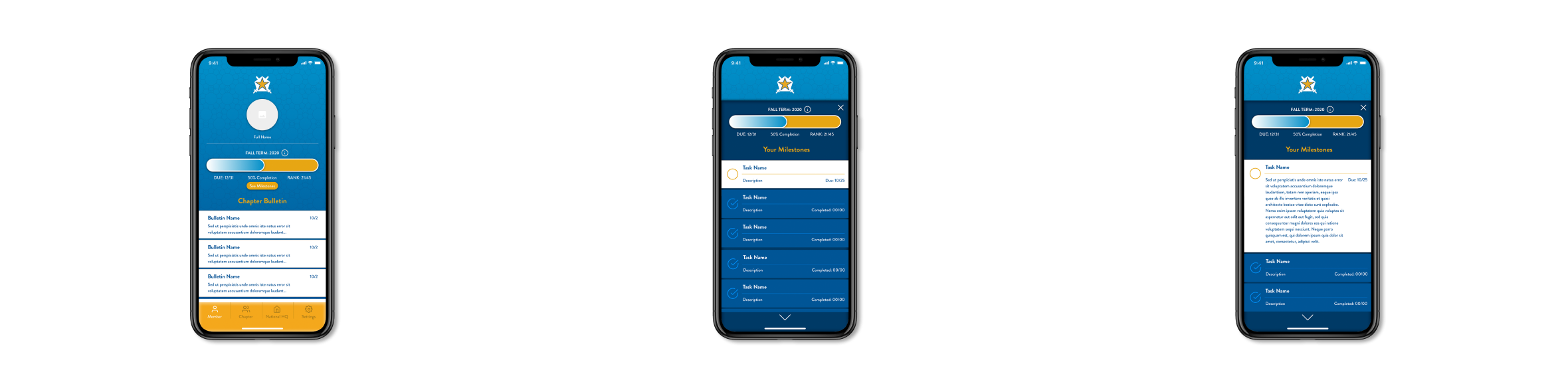 Pi Kapp App chapter status, bulletin, and milestone screens